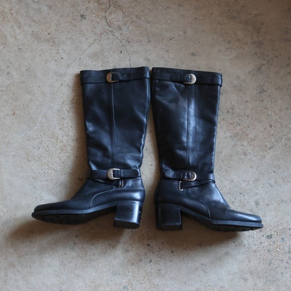 Black Leather Knee High Boots Size 9.5 Buckle Riding Moto Block Heel Minimalist